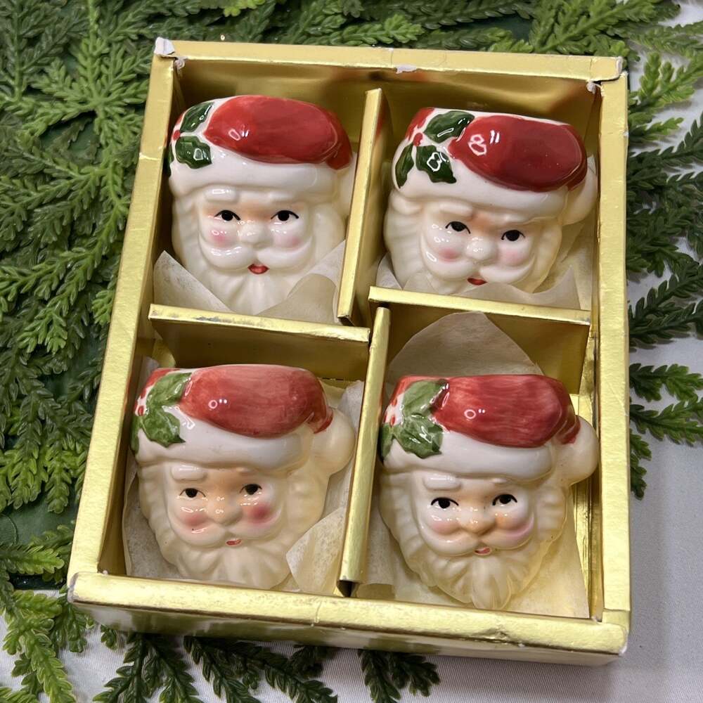 Vintage Fitz & Floyd Hand Painted Santa Claus Christmas Napkin Rings, Set of 4